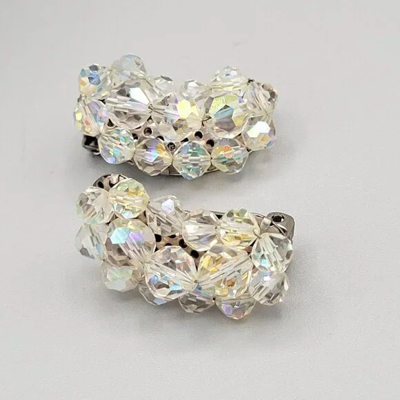 Vintage AB Aurora Borealis Crystal Curved Clip On Earrings 1940s - Picture 3 of 6